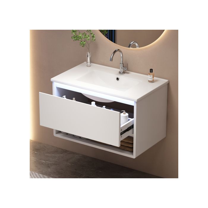 Meuble vasque mural 765 cm avec vasque tiroir étagère et LED à détecteur en MDF et céramique blanc