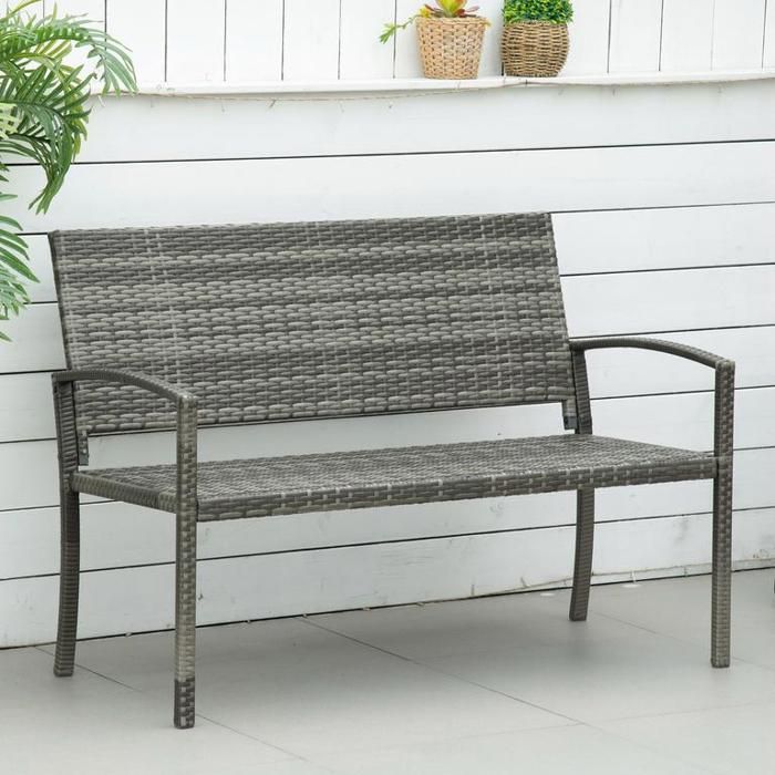 Banc de jardin aspect rotin banc de parc avec structure en acier pour 2 personnes banc de balcon mobilier de jardin gris