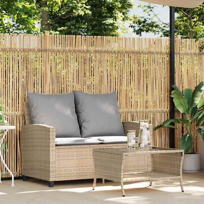 Beige Siège de jardin - Canapé de jardin - 2places - coussins - et table beige résine tressée C3826