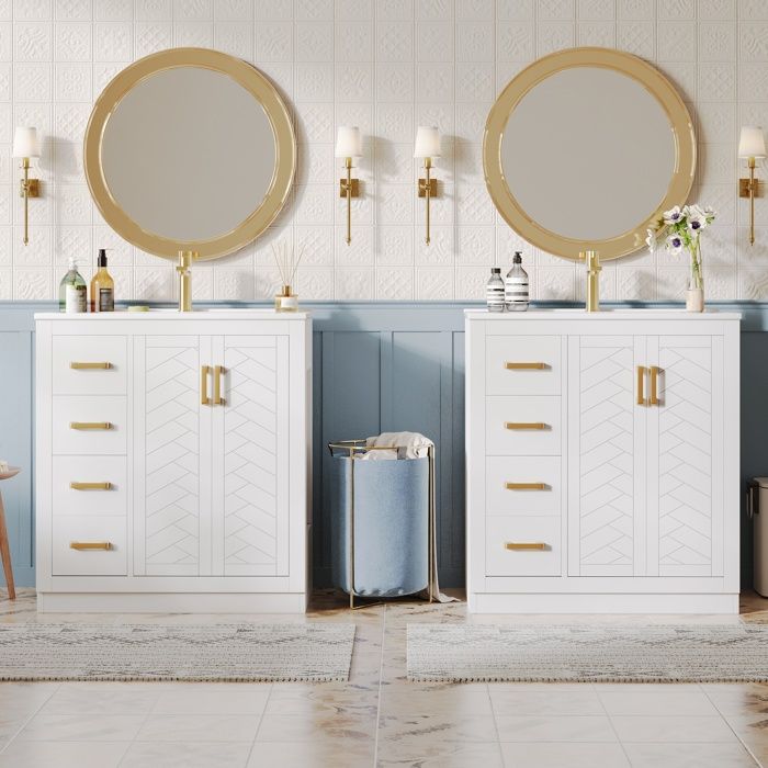 Meuble sous-lavabo - HIBA - 76 5×46 5×84 cm - Lot de 2 - Lavabo céramique pré-percé - 4 tiroirs & 1 porte