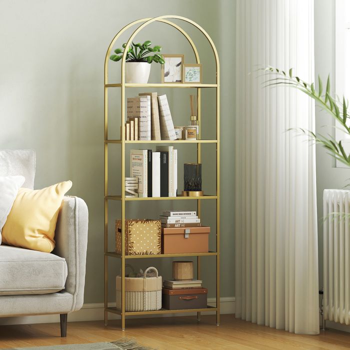 MOTHINESSTO4364-Bibliothèque étagère de rangement en verre à 5 niveaux arqué pour salon bureau chambre 60 x 30 x 175 cm doré