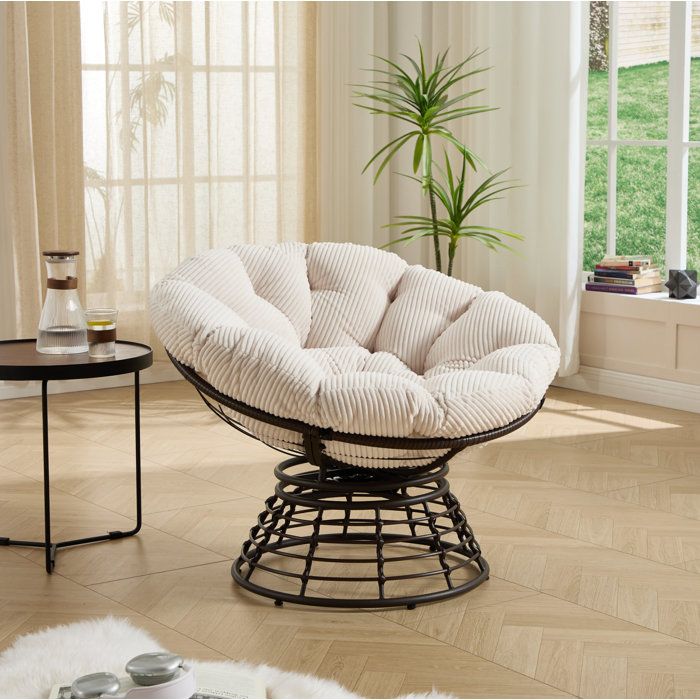 Fauteuil papasan pivotant 1 personne 92 x 67 cm en acier et rotin PE coussin épais blanc