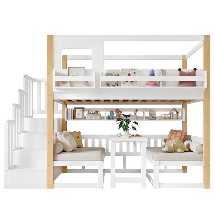 Lit superposé enfant table réglable étagère de chevet escalier rangement pin/MDF/contreplaqué 90x200 blanc naturel