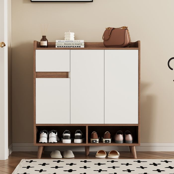 Commode - MINIMAL - L90 x P35 x H99 cm - Blanc + Naturel - Pieds bois massif - Cloisons réglables Commode - MINIMAL - L90 x P35 x H99 cm - Blanc + Naturel - Pieds bois massif - Cloisons réglables