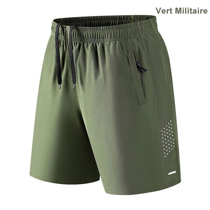 Short de Sport Homme Taille Elastique Respirant Séchage Rapide Short de Jogging Stretch Avec Poches Zippées - Vert Militaire