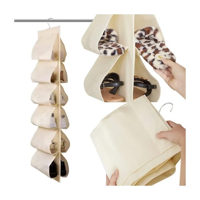 Organisateur à chaussures suspendu 12 paires rangement placard 27008_BR tissu beige pliable