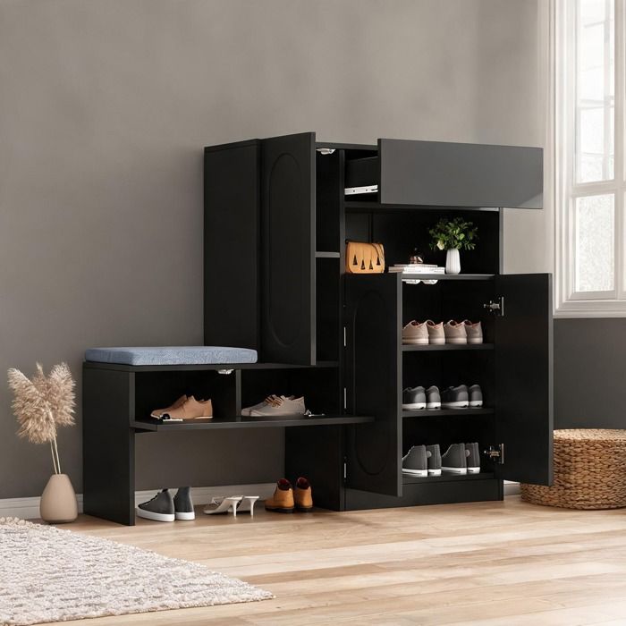Meuble à chaussures 2-en-1 avec assise portes bombées soft-close noir profond 130x35x110 cm