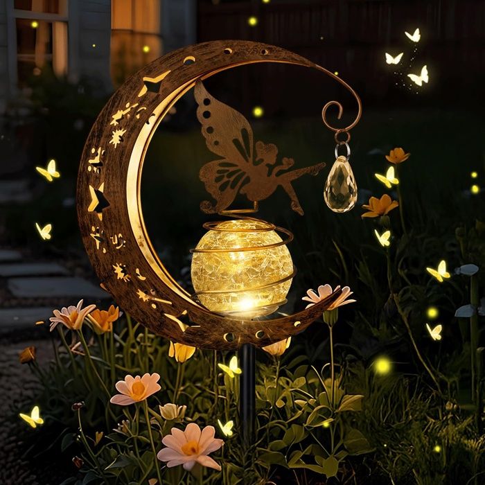 Lampes Solaires de Jin Fée Decoration Jin Exterieur Métal Lune LED Boule de Verre Lumière Solaire Fée-Goutte d LAMPADAIRE DE JARDIN