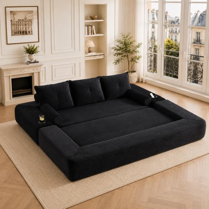 Canapé convertible - PAGE Living - 3 places - Velours côtelé noir - Mousse mémoire & porte-gobelet