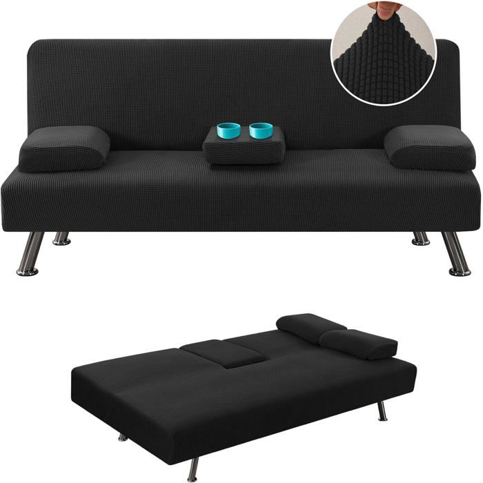 Housse De Canapé Convertible Extensible 4 Pièces Accoudoirs Amovibles Porte-Gobelets Jacquard Noir