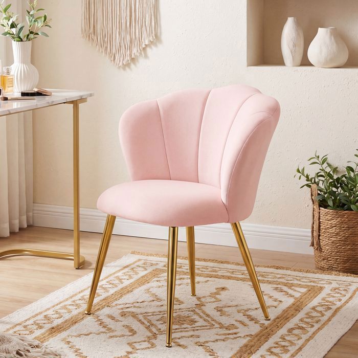 Fauteuil de salon en Velours Chaise Rembourrée avec Dossier Pétale Pieds Acier Salon Chambre Rose Fauteuil de salon en Velours Chaise Rembourrée avec Dossier Pétale Pieds Acier Salon Chambre Rose