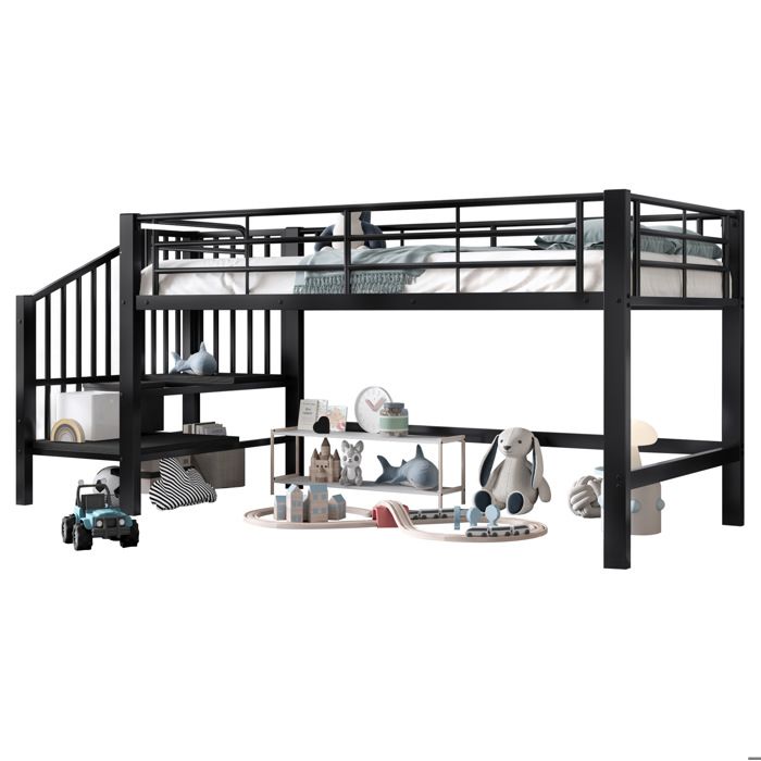 Lit combiné 90x200 noir mi-hauteur avec escalier à rangements design compact