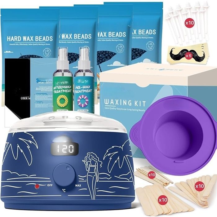 Chauffe Cire Professionnel pour Femmes et Hommes – 4 Perles de Cire 30 Applicateurs Huile Avant et Après Cire –Chauffe Cire