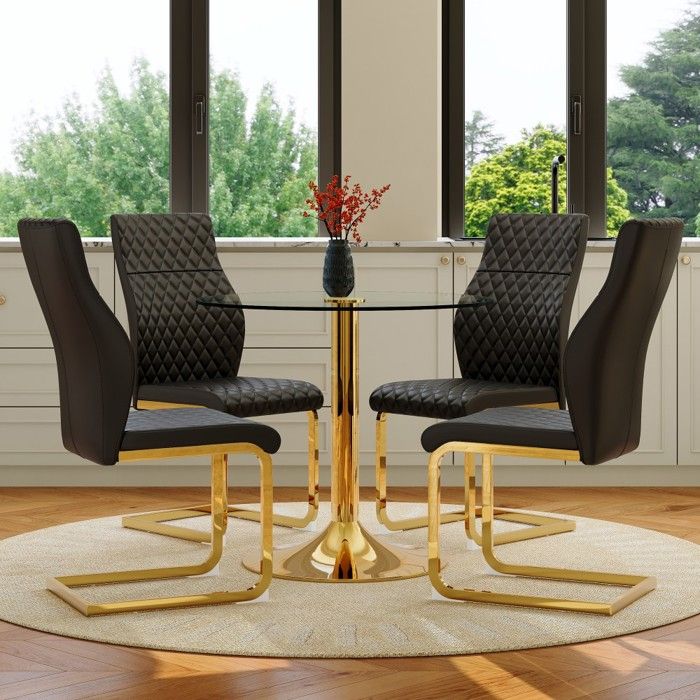 Ensemble Table Ronde Verre 85cm Pieds Doré 85x85x76cm 4 Chaises Noir Or 43x63x100cm Salle À Manger Design Luxueux Compact Ensemble Table Ronde Verre 85cm Pieds Doré 85x85x76cm 4 Chaises Noir Or 43x63x100cm Salle À Manger Design Luxueux Compact