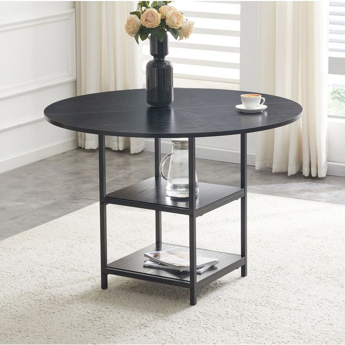 WUVRIE Table à manger ronde 107 cm avec 2 étagères ouvertes MDF effet bois noir et métal noir 2 à 4 personnes