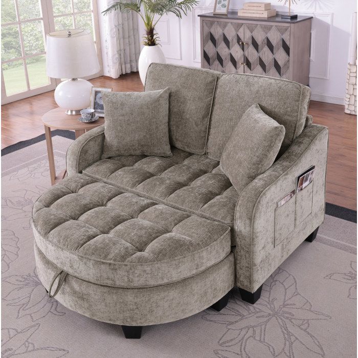 WOVREO canapé-lit 2 en 1 1 place avec pouf de rangement chenille marron structure en eucalyptus