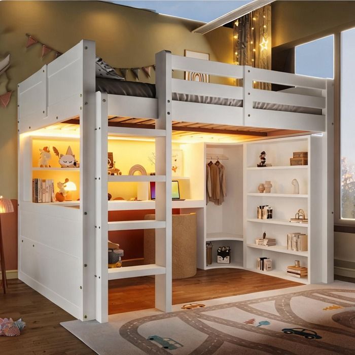 Lit mezzanine enfant avec LED bureau dressing et rangements soft white 140x200 cm