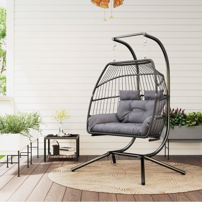 Fauteuil suspendu 2 places avec support pliable polyrotin gris foncé 260 kg avec coussin