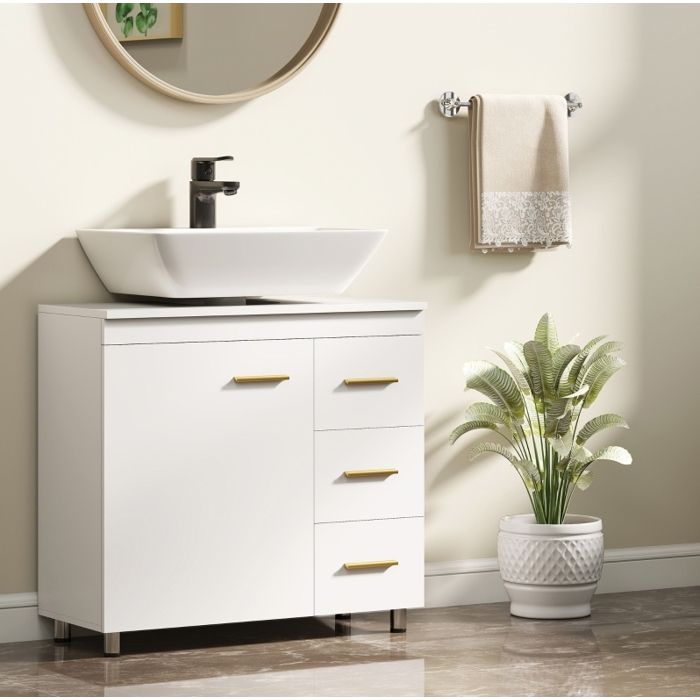 Meuble sous lavabo blanc 70 x 30 x 65 cm avec 1 porte 3 tiroirs fermeture douce MDF et panneaux de particules