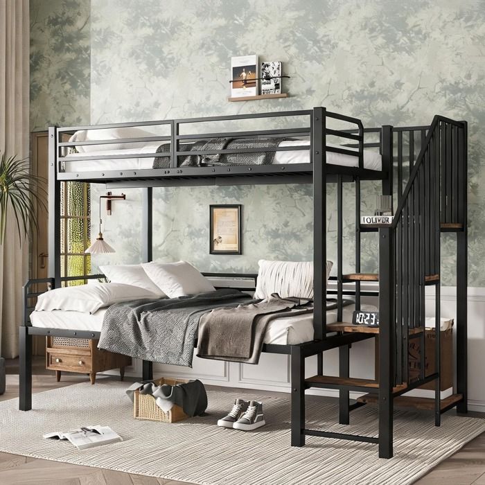 Lit superposé enfant métal et MDF finition noire mate et bois vintage couchages 90x200 et 120x200 cm échelle de coin avec