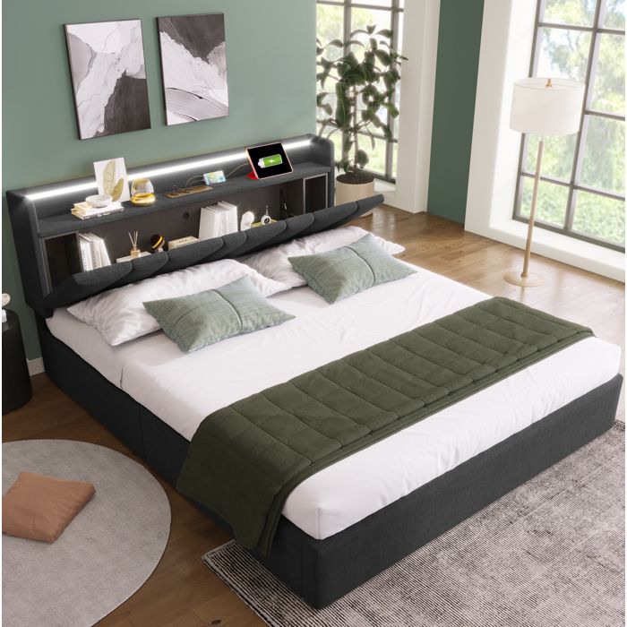 WOVREO lit coffre 140 x 200 cm gris avec tête de lit de rangement prises USB Type-C et LED sans matelas