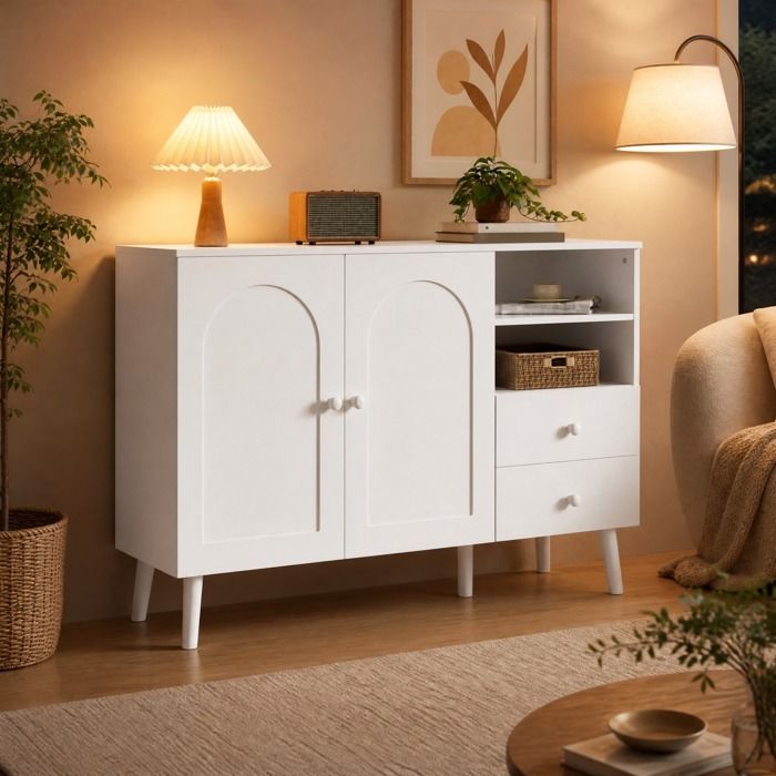 Buffet bas blanc 118 x 35 x 82 cm avec 2 portes voûtées 2 tiroirs 2 niches ouvertes MDF et panneaux de particules