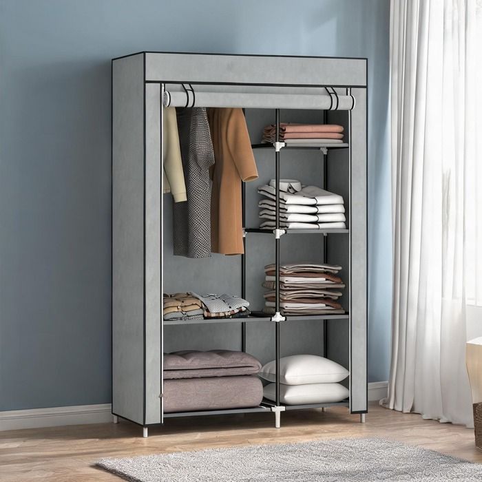Armoire penderie pliable 6 étagères - cadre acier et housse gris clair - rangement chambre ou buanderie