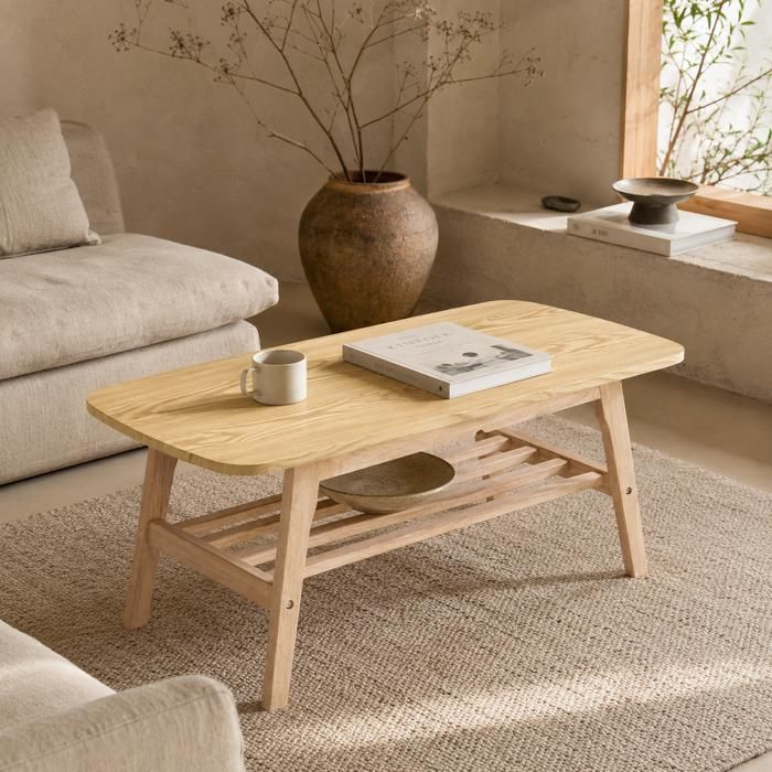Table basse 100 cm en bois avec rangement double niveau structure robuste et étagère ouverte pour salon ORVRYN