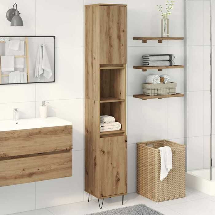 Armoire de salle de bain - COCO - Colonne de bain - COCO - bois dingénierie - chêne artisanal - 2 portes - 2 compartiments - 30