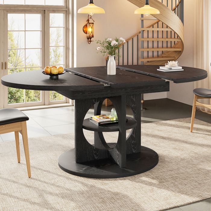 ULEVR Table à manger extensible 110-150 cm ronde à ovale noir aspect bois avec étagère intégrée MDF