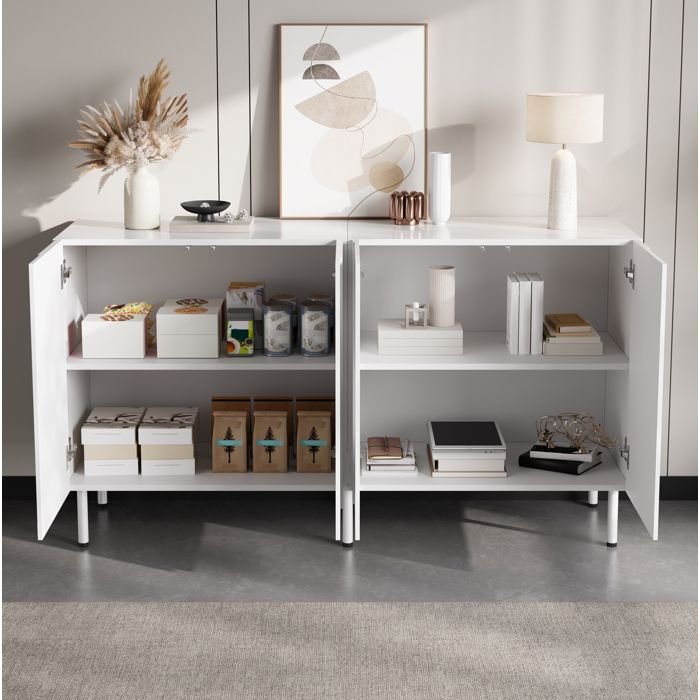 Buffet bas 4 Portes avec Étagères Fixes et Ouverture Push-to-Open - BEAUNIV - Blanc PB et MDF Salon 140×40×77 5 cm