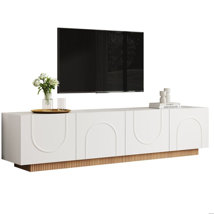 Meuble TV bas 170 x 38 x 42 cm en MDF et panneaux de particules blanc 4 portes passe-cables rangement salon