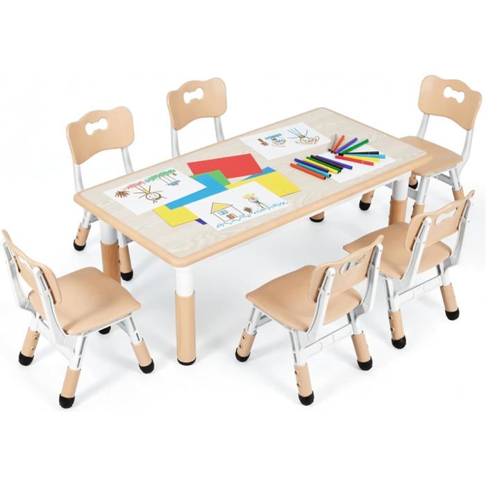 Table enfant hauteur réglable 120x60 cm jaune - 6 chaises en plastique HDPE - table de peinture pour enfants de 2 à 10 ans