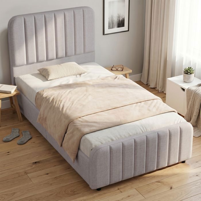 Lit coffre enfant - MERAX - Lit coffre 90 x 200 cm - Tête de lit cannelée - Tissu lin gris - Sommier à lattes Lit coffre enfant - MERAX - Lit coffre 90 x 200 cm - Tête de lit cannelée - Tissu lin gris - Sommier à lattes