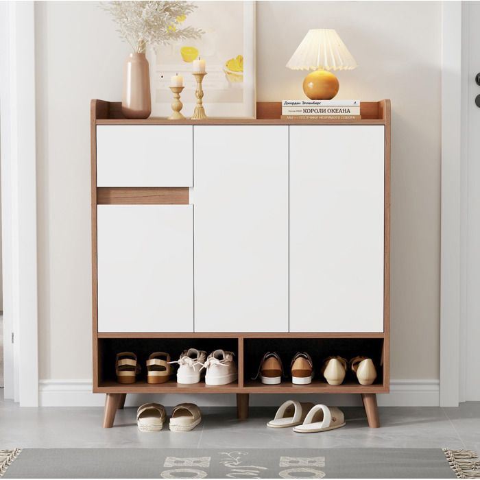 Meuble a chaussures AESVAR blanc et naturel 90 x 35 x 99 cm avec etageres reglables et pieds en bois