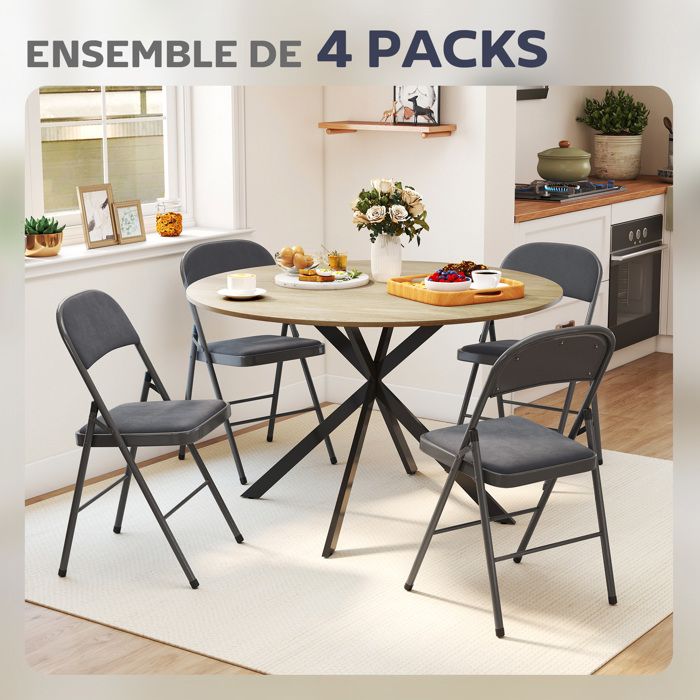 Lot de 4 chaises pliantes et portables intérieur avec assises et dossiers rembourrés en velours cadre en acier gris foncé Lot de 4 chaises pliantes et portables intérieur avec assises et dossiers rembourrés en velours cadre en acier gris foncé