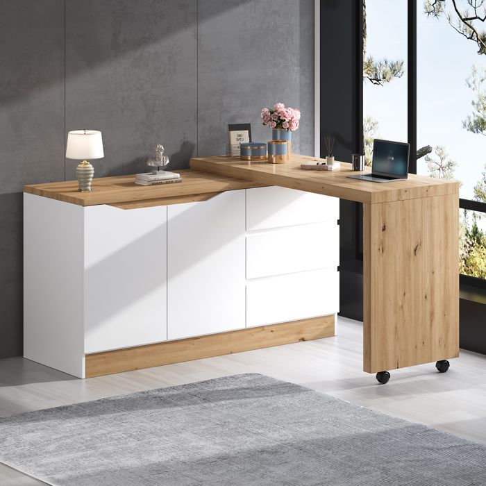 Bureau à plateau extensible bureau multifonction sur roulettes blanc et couleur chêne