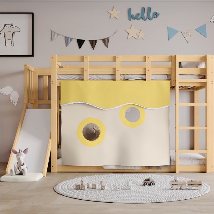 Lit superposé enfant 90x200 avec toboggan escalier barrières de sécurité et rideau MDF pin naturel TYNQER