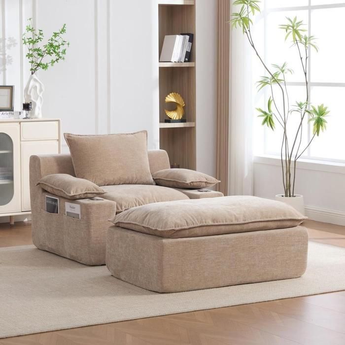 Fauteuil - KOMHTOM - Kaki clair - Chenille - 4 coussins - Porte-gobelet Fauteuil - KOMHTOM - Kaki clair - Chenille - 4 coussins - Porte-gobelet
