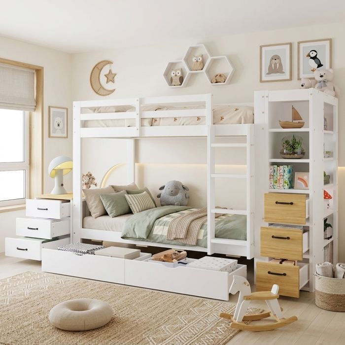 Lit superposé en bois blanc 90 x 200 cm avec 2 coffres de rangement étagères latérales tiroirs échelle et table de chevet