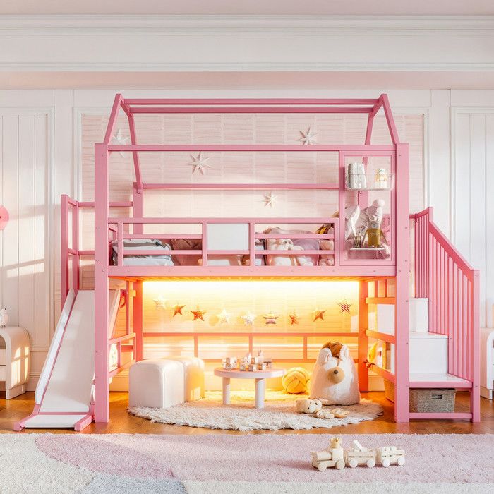 Lit surélevé métal forme maison 90x200 cm avec éclairage LED lit cabane rose avec toboggan et escalier‑rangement pour enfant fille