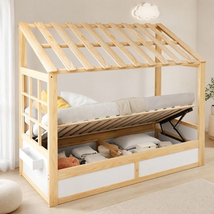 stilvora lit cabane enfant 90 × 200 cm blanc et bois naturel sommier relevable hydraulique et rangements latéraux