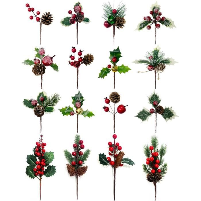 Lot De 10 Branches De Pin Artificiel Avec Baies Rouges - Décoration Noël, Couronnes, Centres De Table, DIY