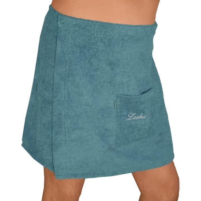 Sowel Paréo Sauna Homme 100% Coton - Drap Sauna Avec Fermeture Velcro + Poche Zippée - Gris/Bleu (60x140 Cm)