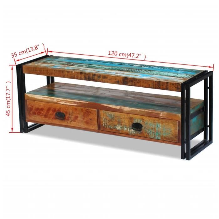 Meuble TV - MEE - Bois de récupération massif - 120 x 35 x 45 cm - 2 tiroirs - Style rétro