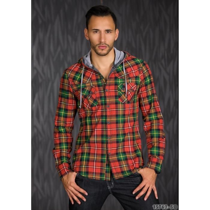 Chemise À Carreaux À Capuche En Coton De Casual Coupe Large Homme À Manches Longues Vert