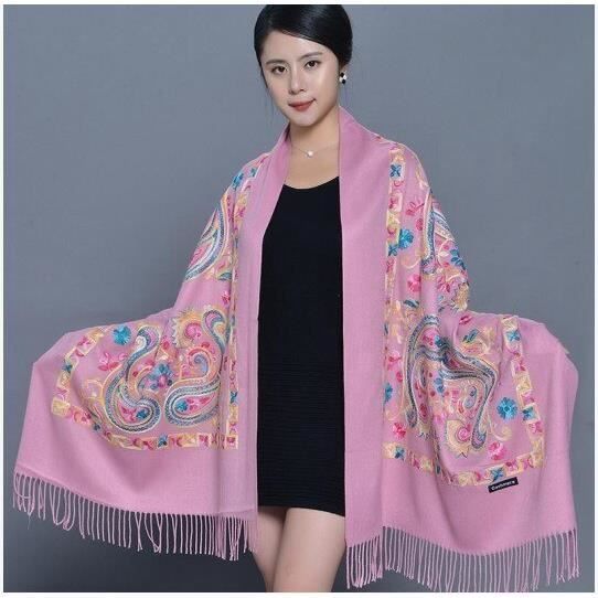 Écharpe Pashmina Femme En Faux Cachemire - Grand Modèle 195x68 Cm Avec Motifs Fleurs De Lys Roses - Parfaite Pour L'automne Et L'hiver