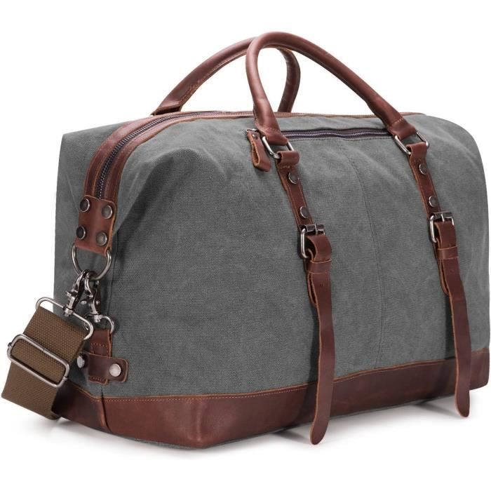 BAOSHA HB-14 ENORME elegant Sac de Voyage Week-end Sac de Sport en toile et PU cuir (Gris)