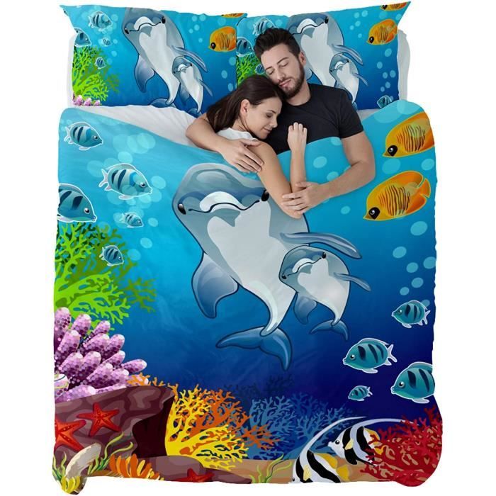 Housse de Couette Dauphin de Poisson sous-Marin Parure de lit 3 pièces