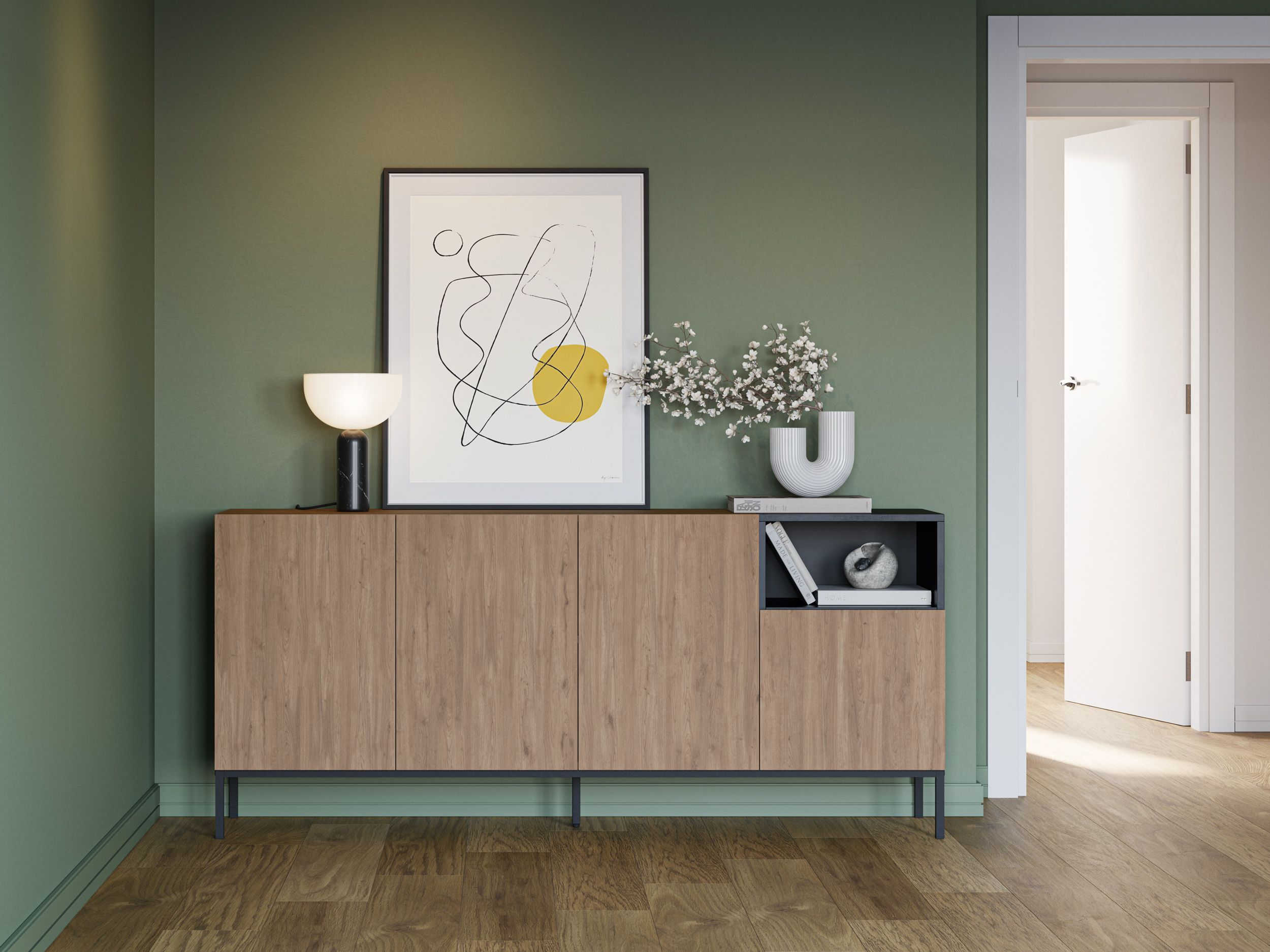 Buffet CAILIN – Chêne Artisan & Noir – 4 portes 1 niche – 180 x 40 x 80 cm